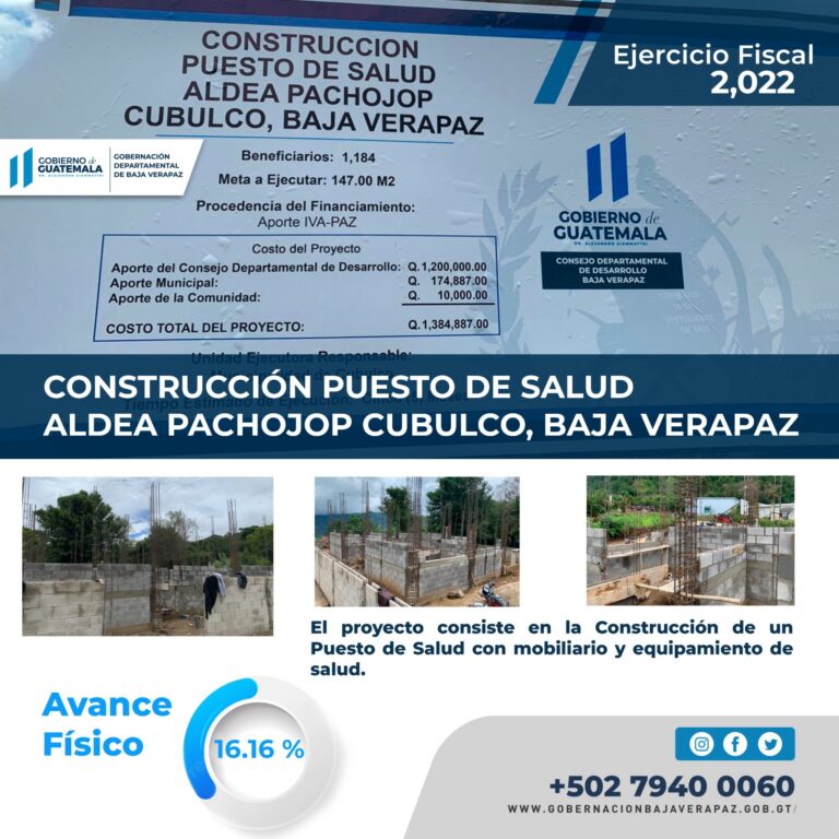 Avance Físico del proyecto Construcción Puesto De Salud, Aldea Pachojop Cubulco, Baja Verapaz